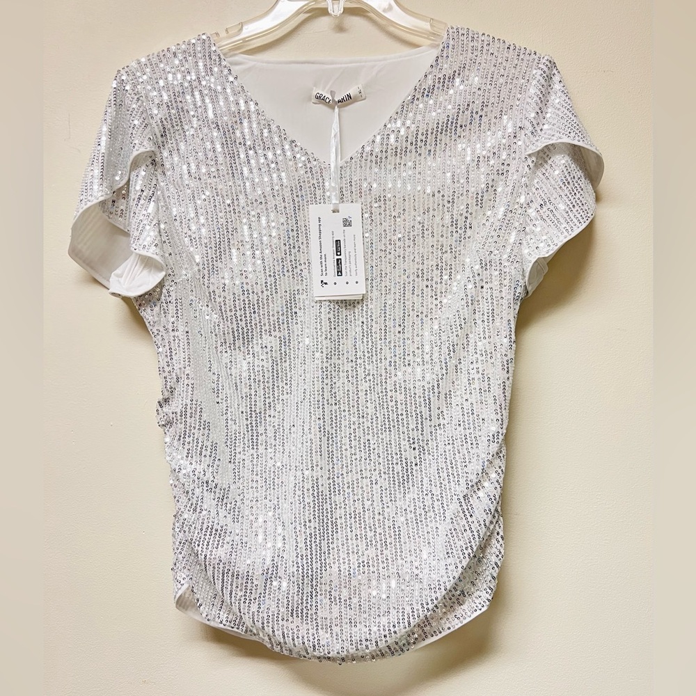 Grace Karin V-Neck Shimmer Sequin White Lined Top Size XL Elegant Glam Wedding
